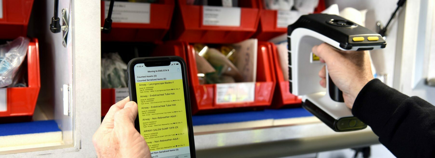Closeup view Scanning Tags inside a Fire Engine using the TSL® 1166 Rugged UHF RFID RAIN Reader 